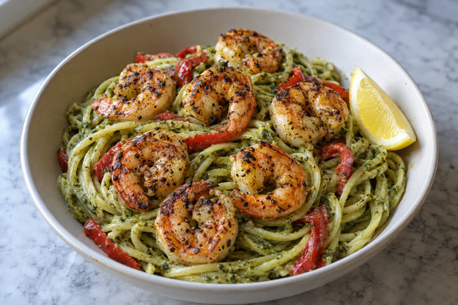 Lemon Pepper Shrimp Pesto Linguine